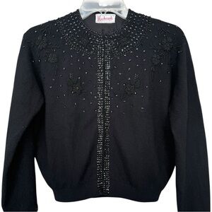 Vtg 60s Floral Beaded Lambswool Angora Cardigan Sweater Sz Small Black Harbrook
